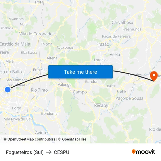 Fogueteiros (Sul) to CESPU map