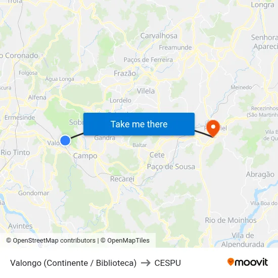 Valongo (Continente / Biblioteca) to CESPU map