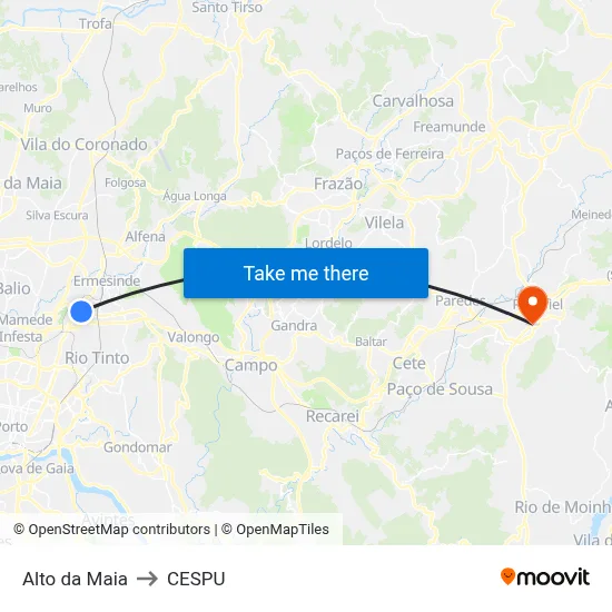 Alto da Maia to CESPU map