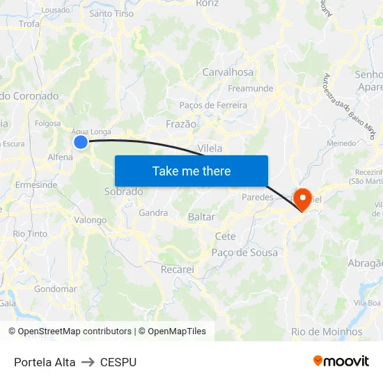 Portela Alta to CESPU map