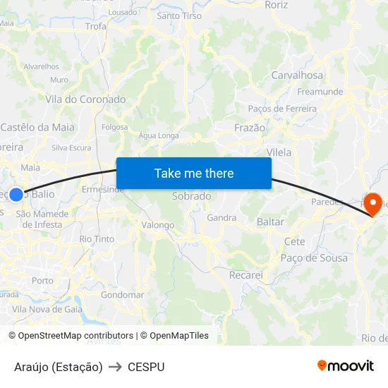 Araújo (Estação) to CESPU map