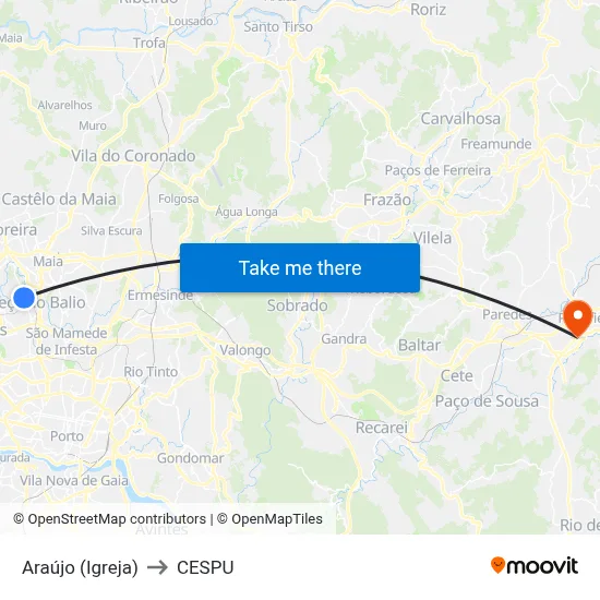 Araújo (Igreja) to CESPU map