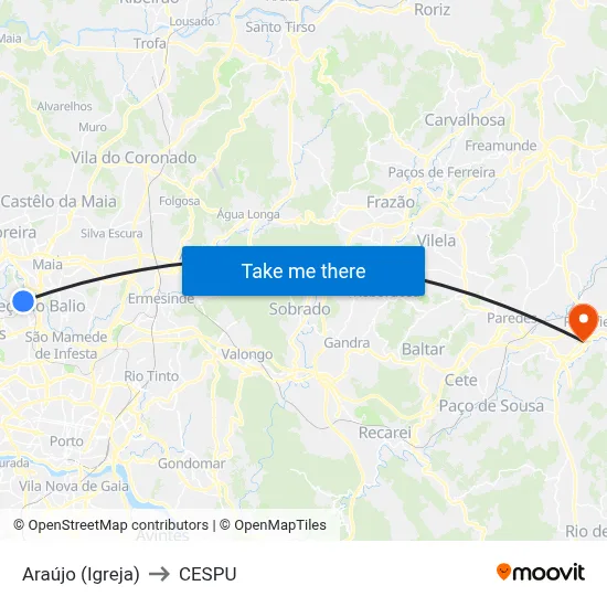 Araújo (Igreja) to CESPU map