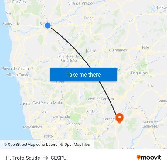 H. Trofa Saúde to CESPU map