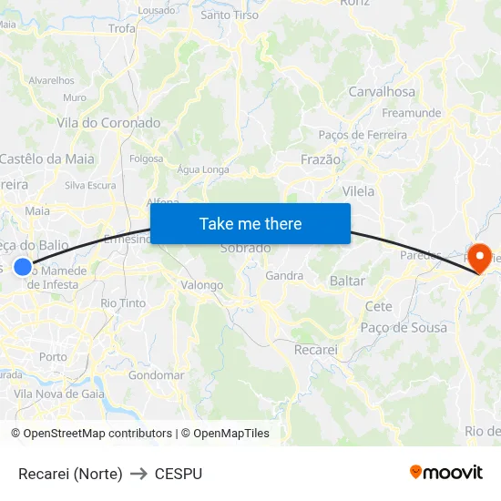 Recarei (Norte) to CESPU map