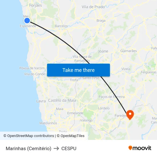 Marinhas (Cemitério) to CESPU map