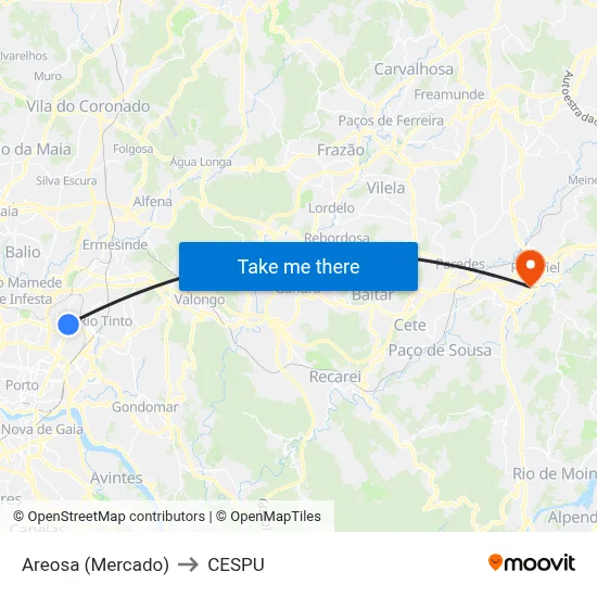 Areosa (Mercado) to CESPU map