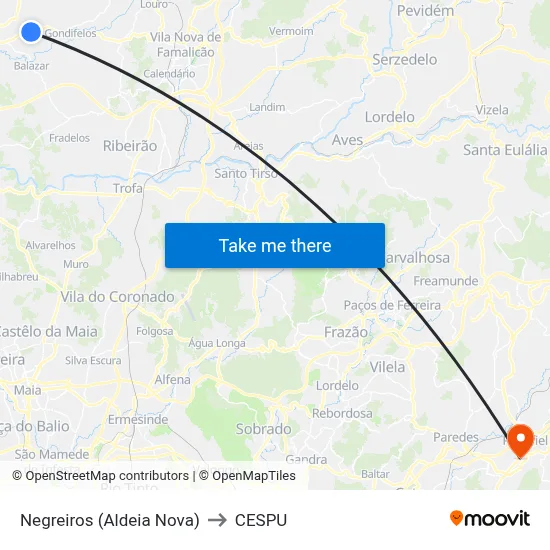 Negreiros (Aldeia Nova) to CESPU map