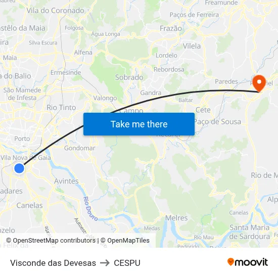 Visconde das Devesas to CESPU map