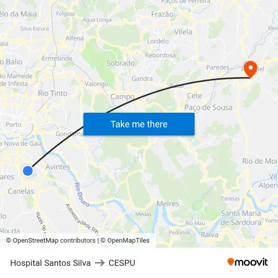 Hospital Santos Silva to CESPU map