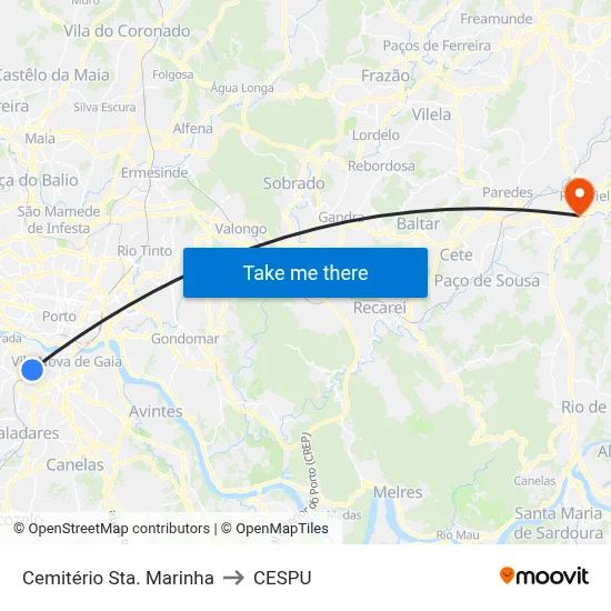 Cemitério Sta. Marinha to CESPU map