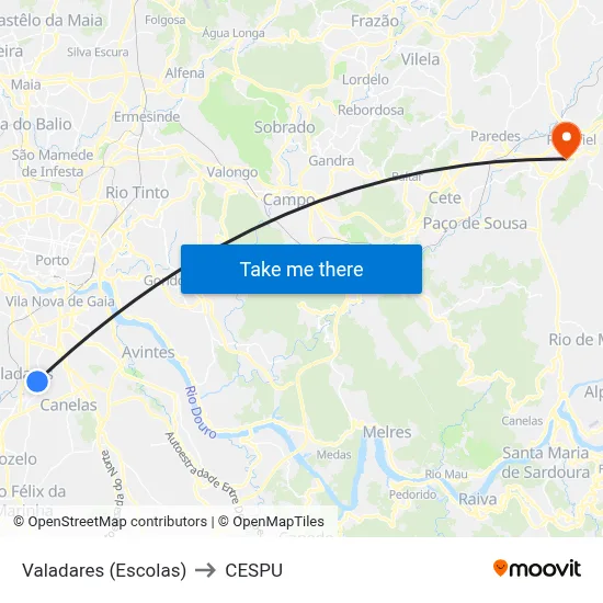 Valadares (Escolas) to CESPU map