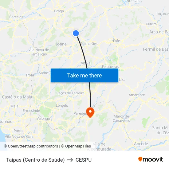 Taipas (Centro de Saúde) to CESPU map