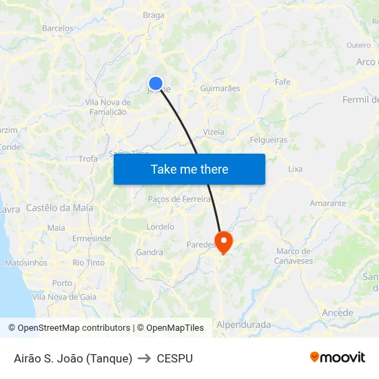 Airão S. João (Tanque) to CESPU map