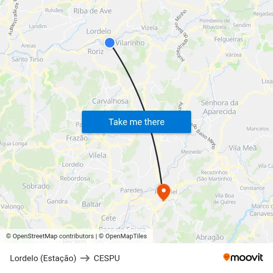 Lordelo (Estação) to CESPU map