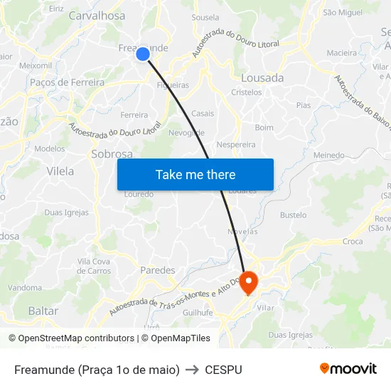 Freamunde (Praça 1o de maio) to CESPU map