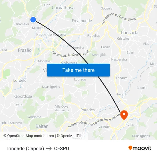 Trindade (Capela) to CESPU map