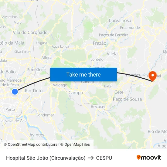 Hospital São João (Circunvalação) to CESPU map
