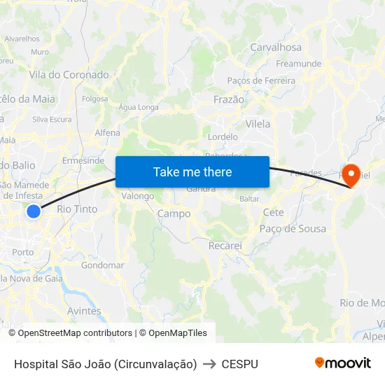 Hospital São João (Circunvalação) to CESPU map