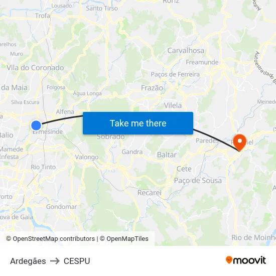 Ardegães to CESPU map