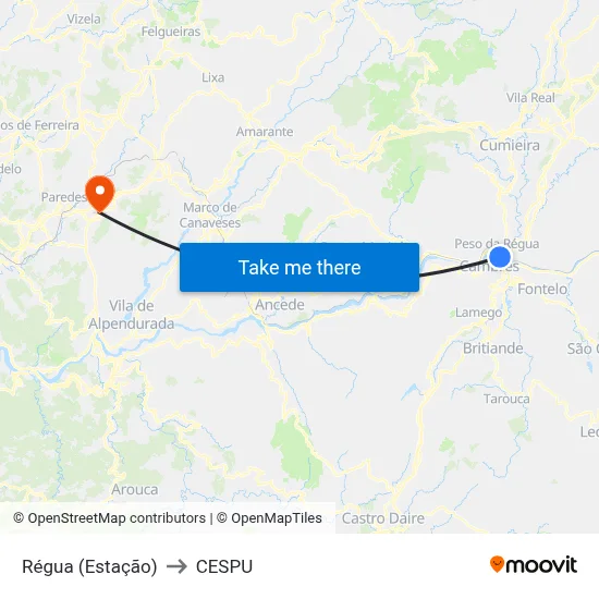 Régua (Estação) to CESPU map