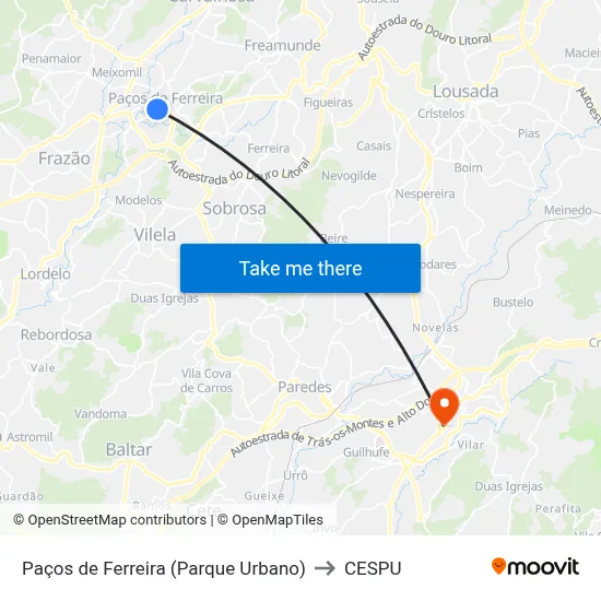 Paços de Ferreira (Parque Urbano) to CESPU map