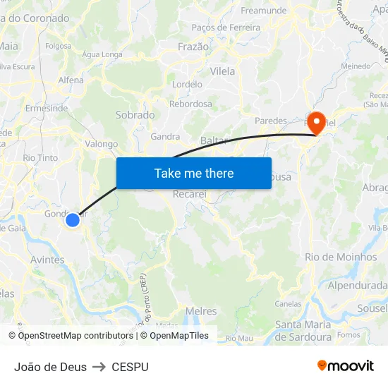 João de Deus to CESPU map