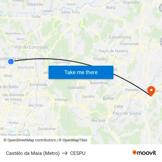 Castêlo da Maia (Metro) to CESPU map