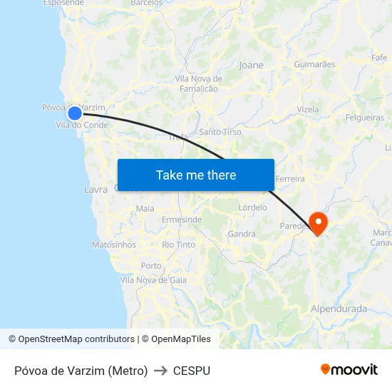 Póvoa de Varzim (Metro) to CESPU map