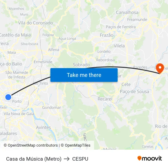 Casa da Música (Metro) to CESPU map