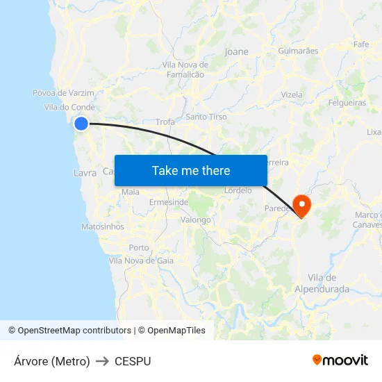 Árvore (Metro) to CESPU map