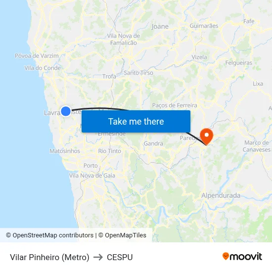Vilar Pinheiro (Metro) to CESPU map