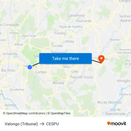 Valongo (Tribunal) to CESPU map