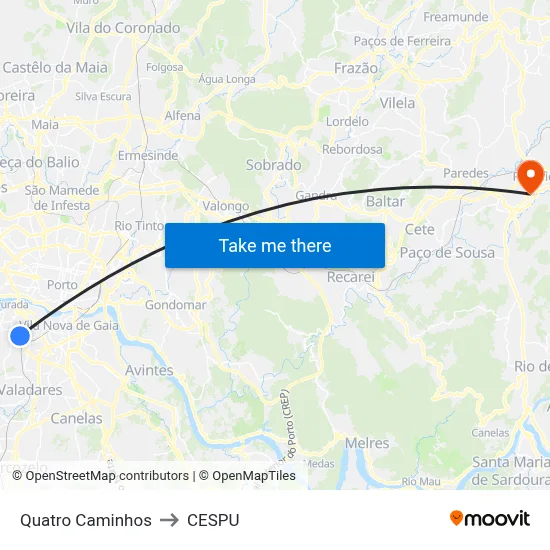 Quatro Caminhos to CESPU map