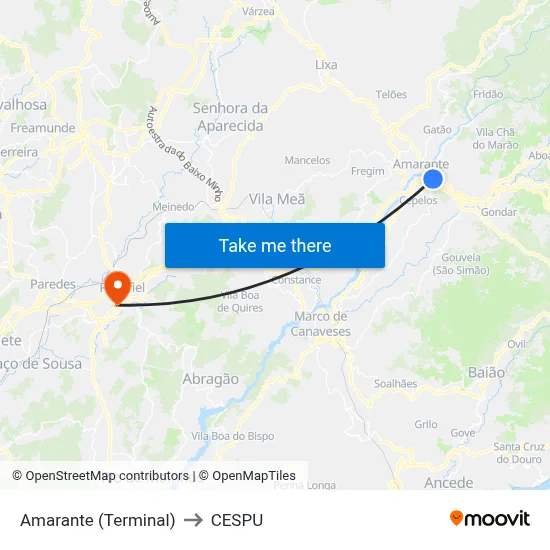 Amarante (Terminal) to CESPU map