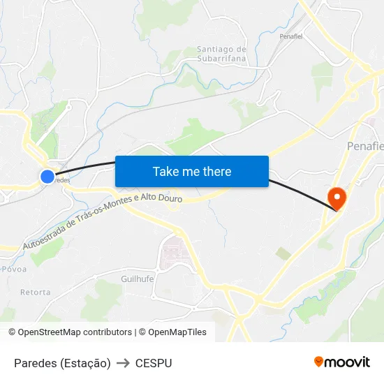 Paredes (Estação) to CESPU map