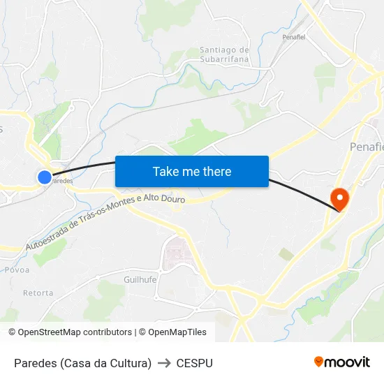 Paredes (Casa da Cultura) to CESPU map