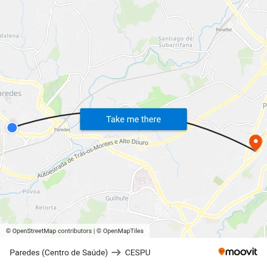 Paredes (Centro de Saúde) to CESPU map