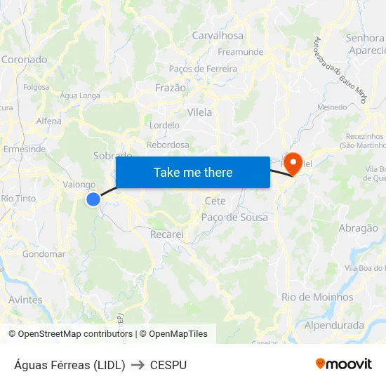 Águas Férreas (LIDL) to CESPU map