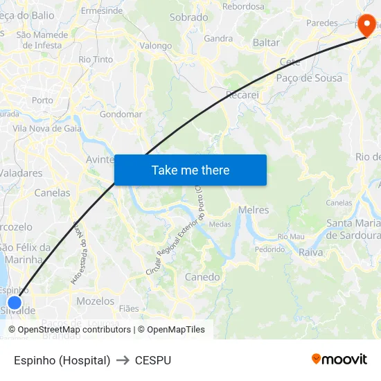 Espinho (Hospital) to CESPU map