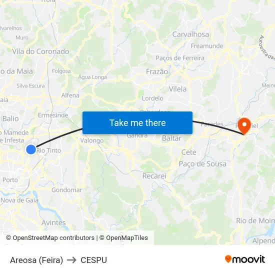 Areosa (Feira) to CESPU map