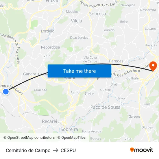 Cemitério de Campo to CESPU map