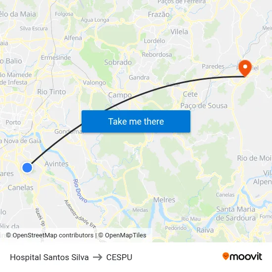 Hospital Santos Silva to CESPU map