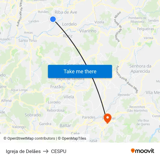 Igreja de Delães to CESPU map