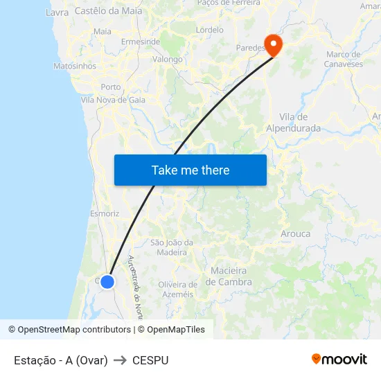 Estação - A (Ovar) to CESPU map