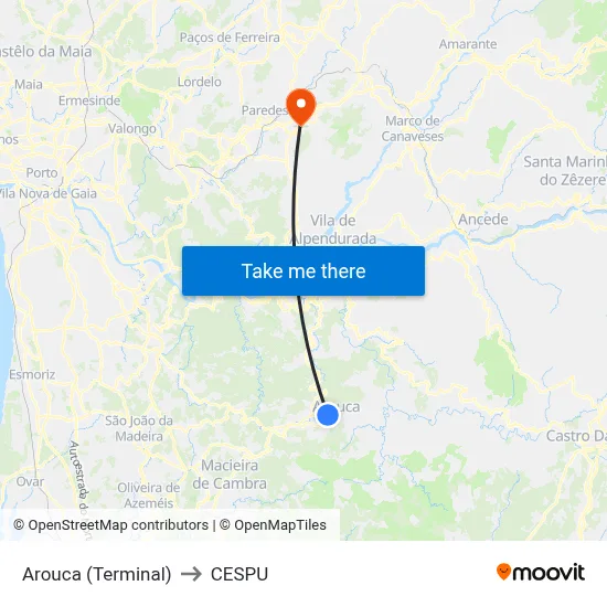 Arouca (Terminal) to CESPU map