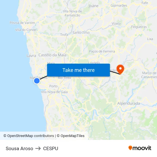 Sousa Aroso to CESPU map