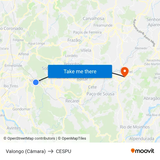 Valongo (Câmara) to CESPU map