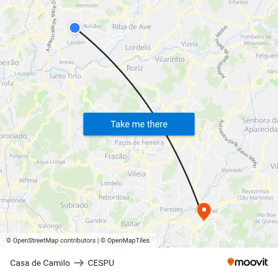 Casa de Camilo to CESPU map