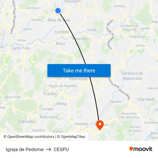 Igreja de Pedome to CESPU map